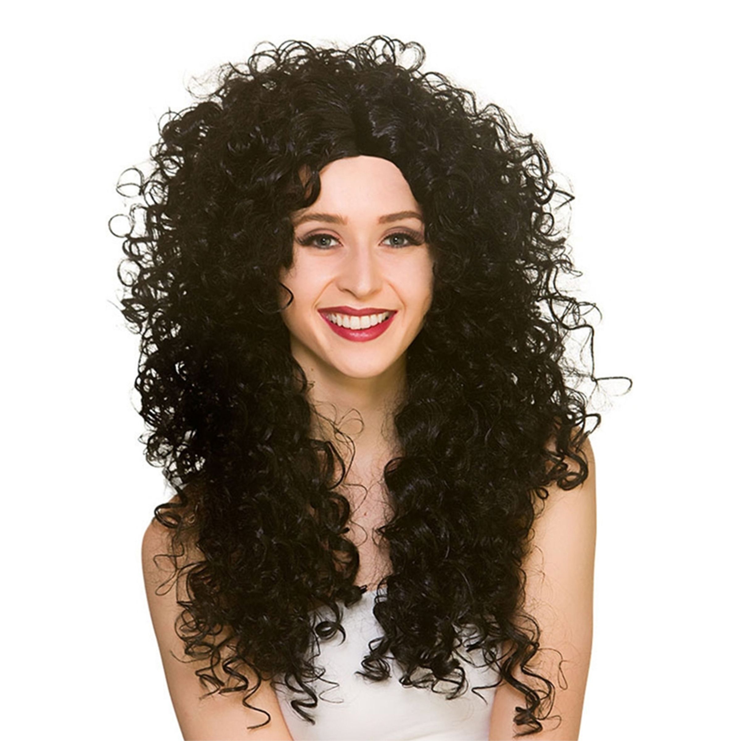 Bild föreställande produkten 80-tals Lång Lockig Svart Peruk – One size