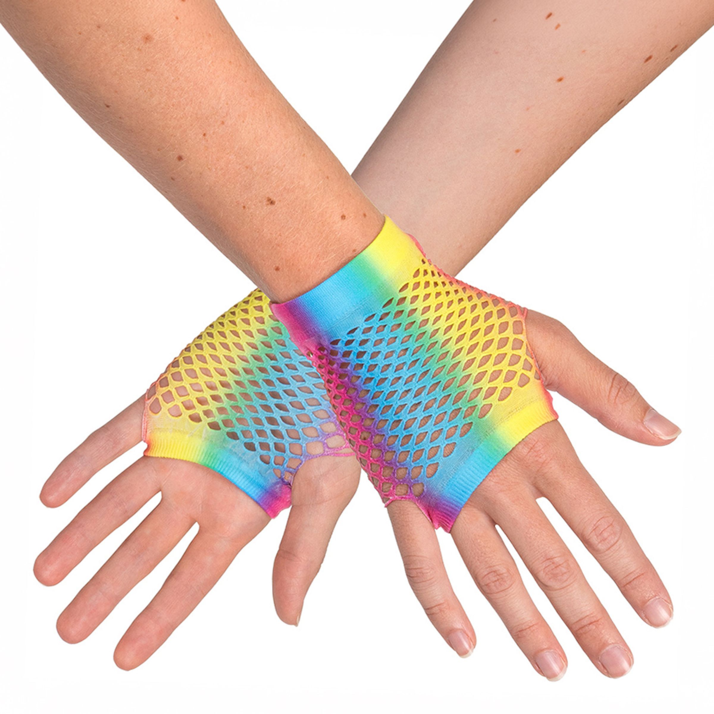 Bild föreställande produkten 80-tals UV Fingerlösa Näthandskar Korta Regnbåge Neon – One size