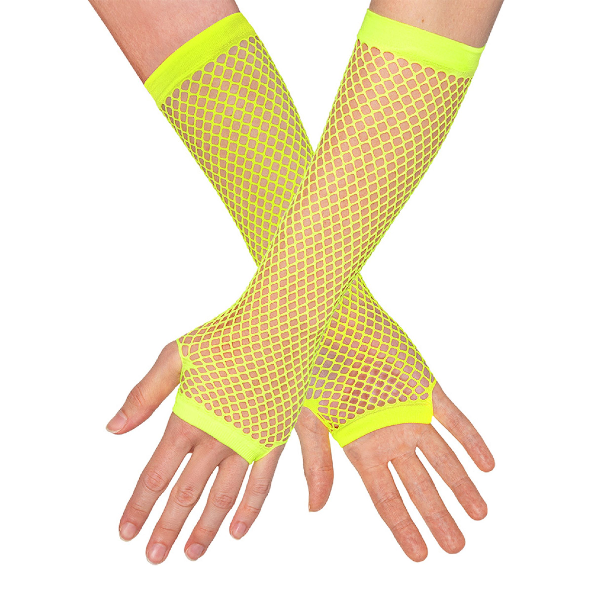 Bild föreställande produkten 80-tals UV Fingerlösa Näthandskar Långa Neongula – One size