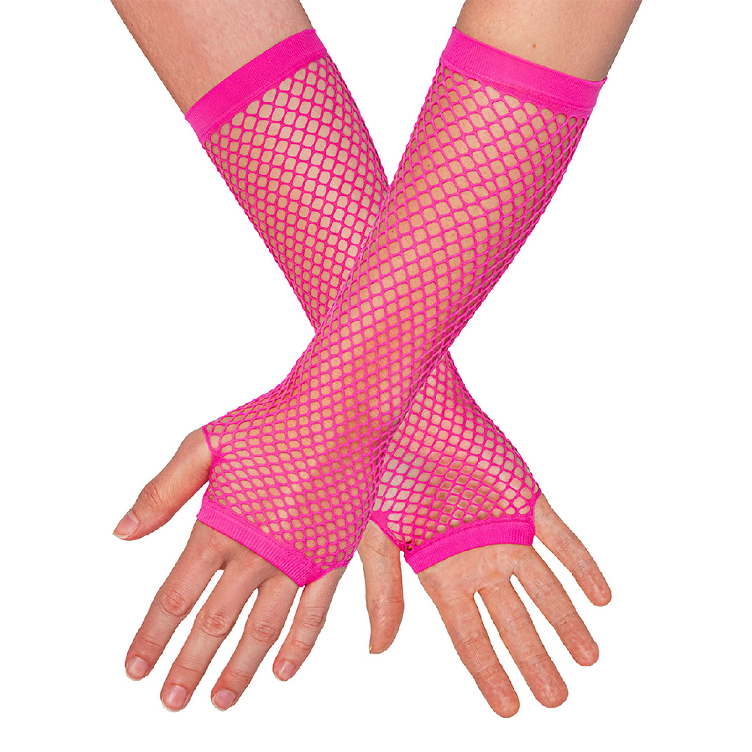 Bild föreställande produkten 80-tals UV Fingerlösa Näthandskar Långa Neonrosa – One size