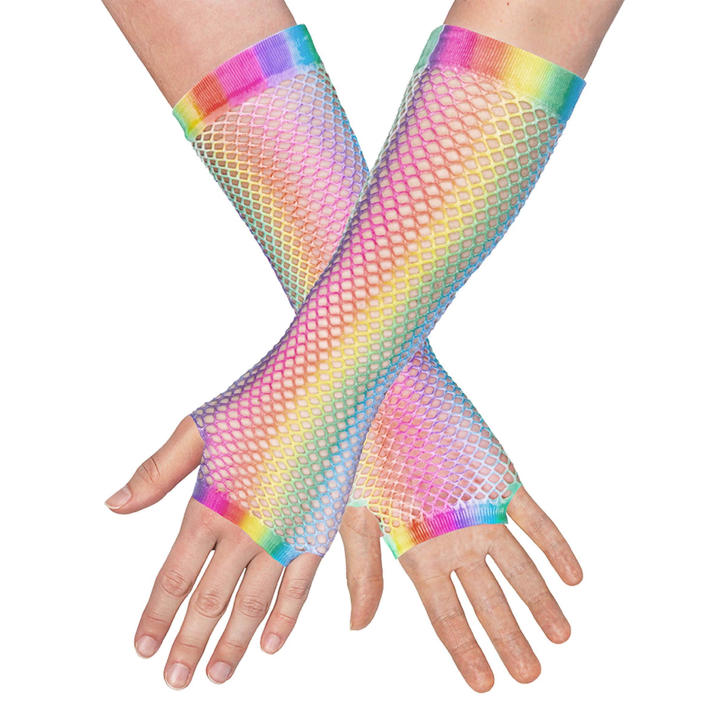 Bild föreställande produkten 80-tals UV Fingerlösa Näthandskar Långa Regnbåge Neon – One size