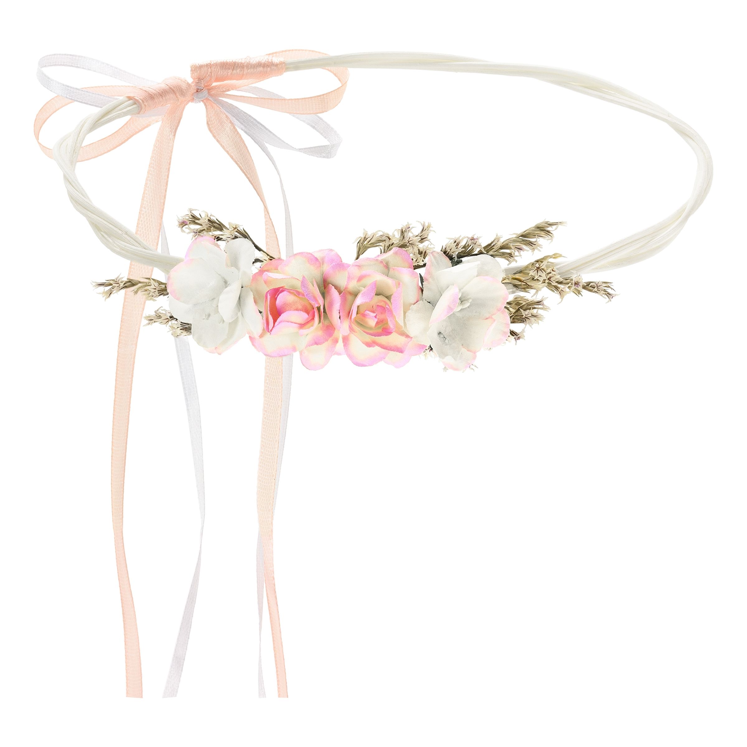 Bild föreställande produkten Blomsterkrans Vit/Rosa med Rosett – One size