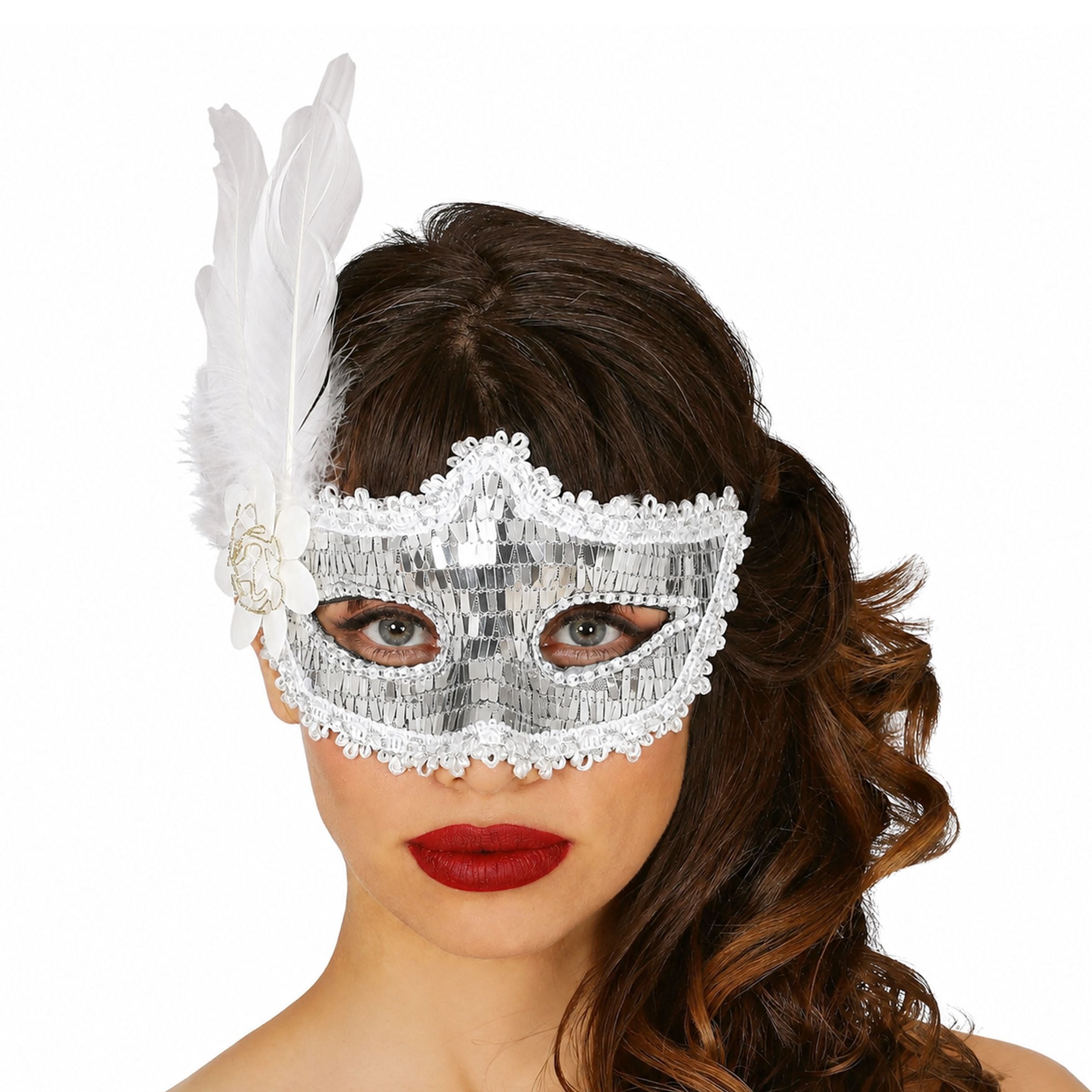 Bild föreställande produkten Ögonmask Silver Paljetter med Fjädrar – One size
