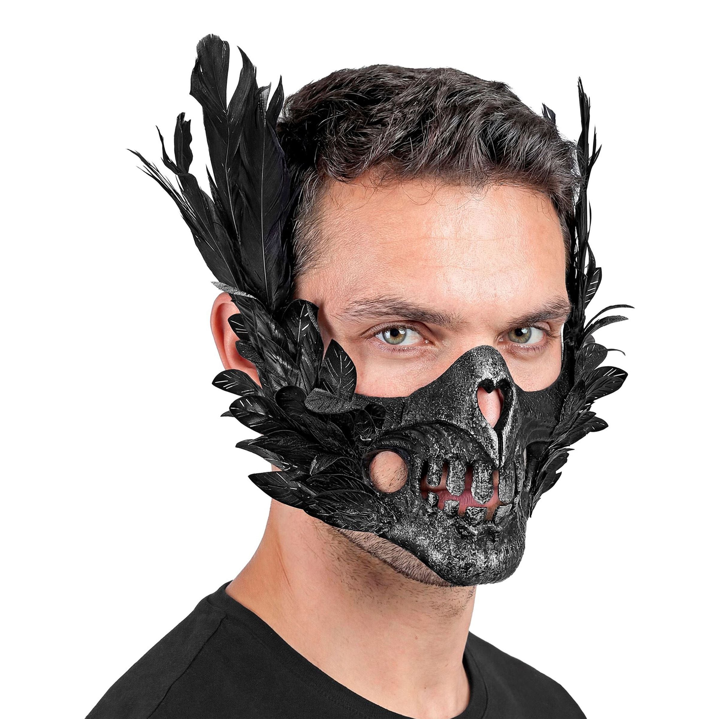 Bild föreställande produkten Skelett Halvmask med Fjädrar Svart – One size