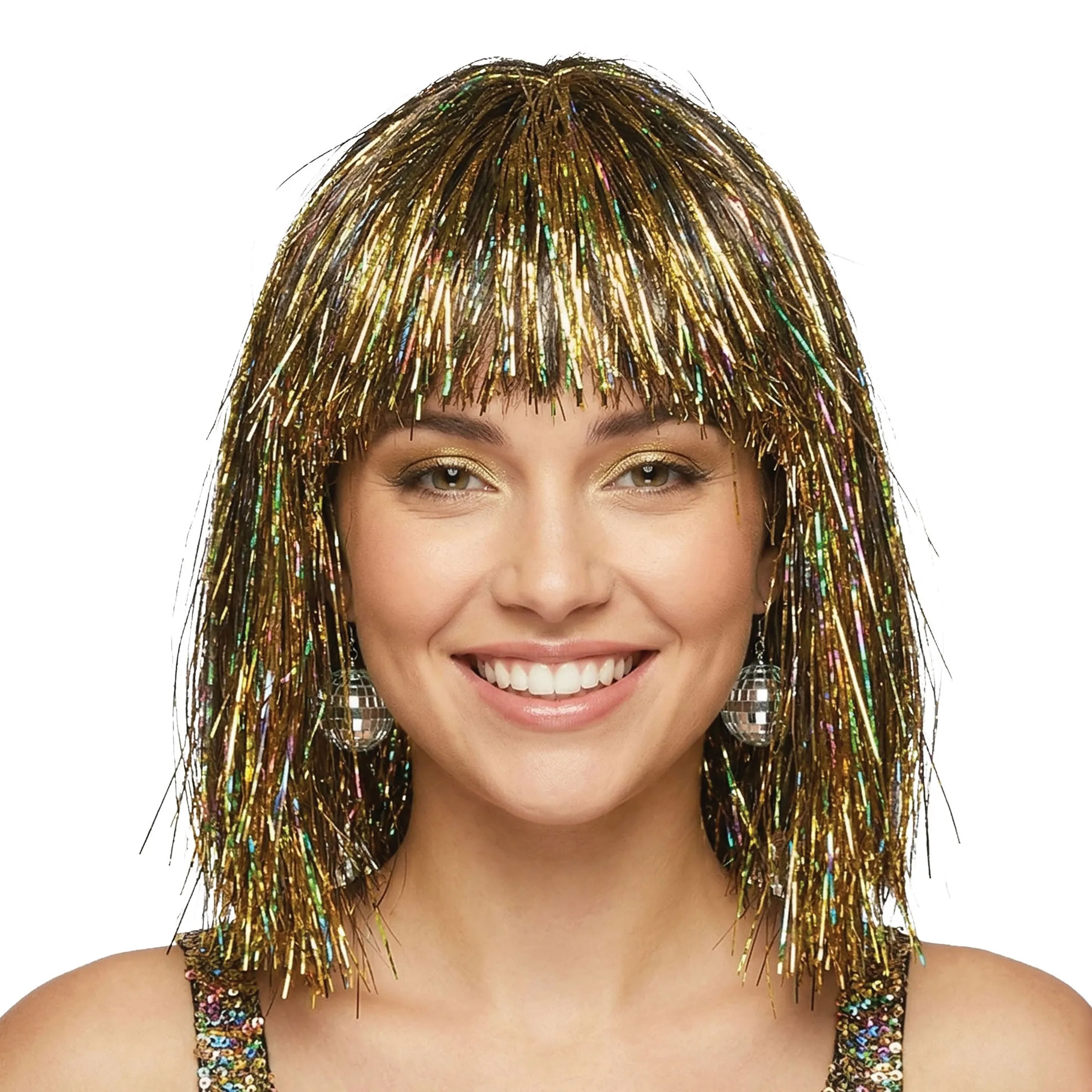 Bild föreställande produkten Svart Peruk med Guldglitter – One size