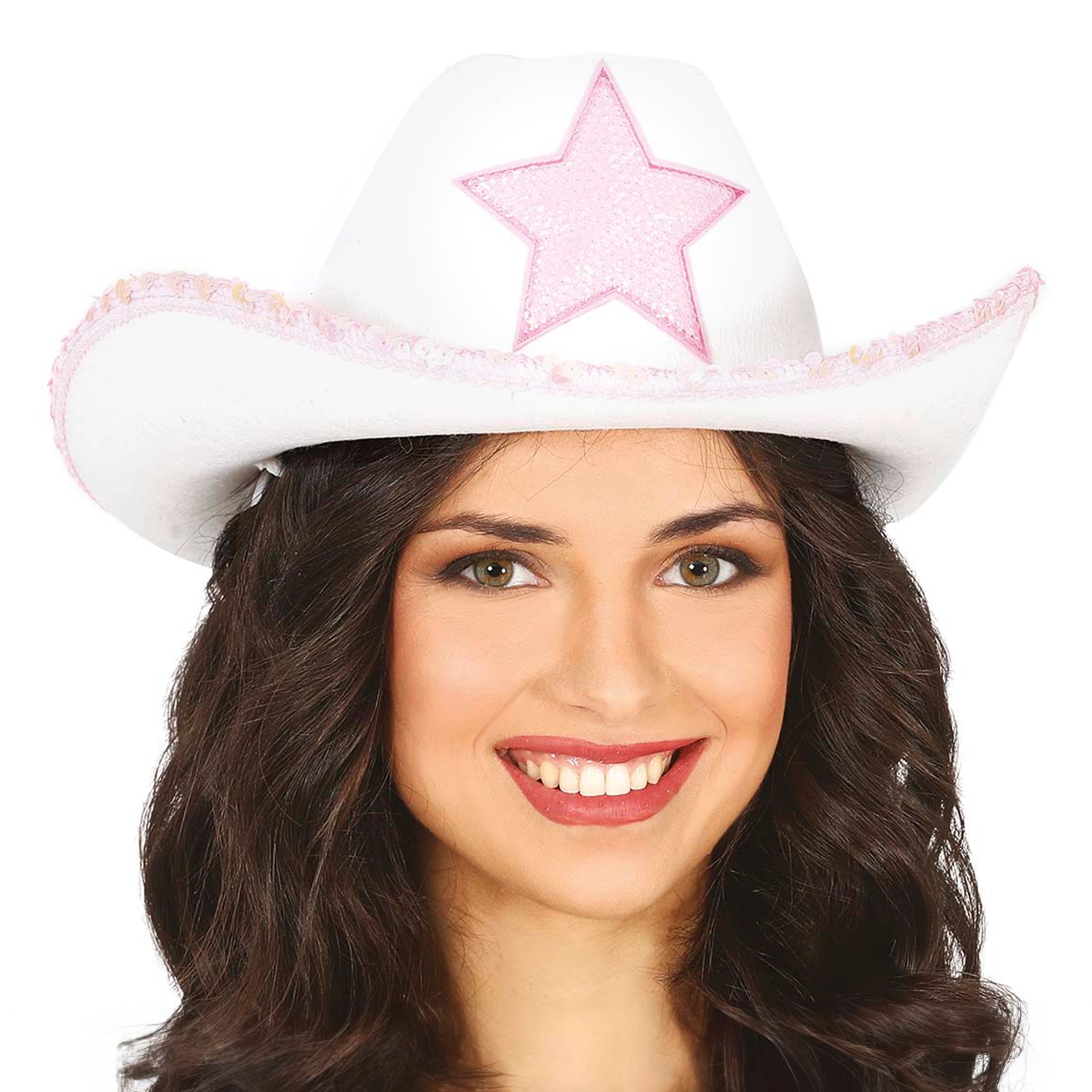Bild föreställande produkten Vit Cowboyhatt med Rosa Stjärna – One size